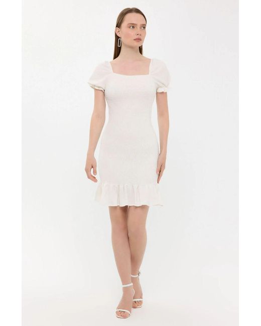 Hiccup White Ribbed Ruffled Square Neck Mini Dress With Balloon Sleeves