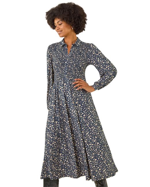 Roman Gray Ditsy Floral Print Shirred Midi Dress