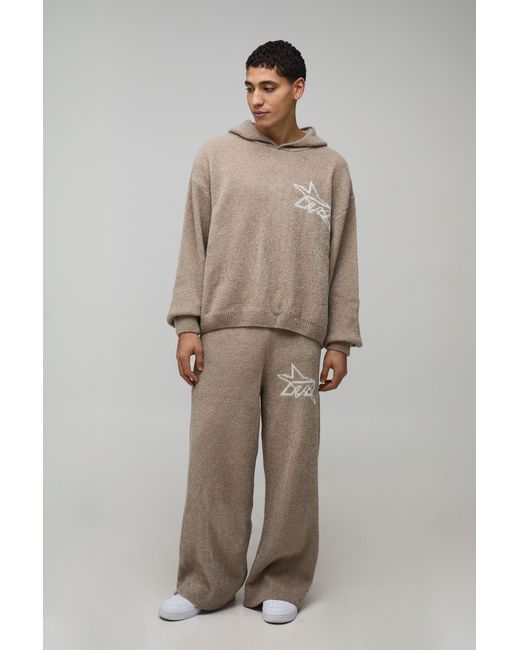 BoohooMAN Natural Oversized Boxy Hooded Boucle Knitted Tracksuit for men