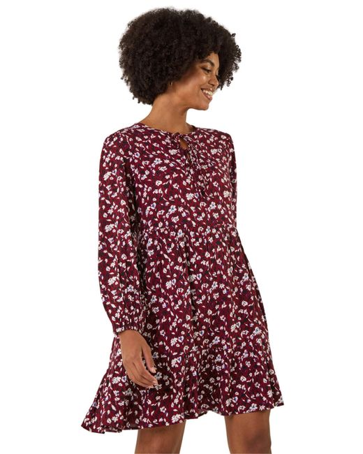 Roman Red Floral Tie Front Smock Dress