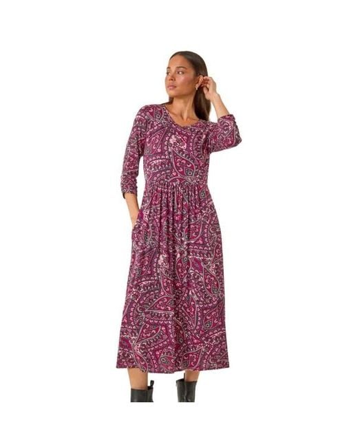 Roman Purple Petite Paisley Pocket Midi Dress