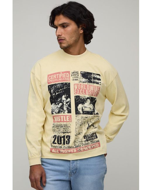 BoohooMAN Natural Washed Oversized Boxy Magazine Print Raw Hem Long Sleeve T-Shirt Cotton for men