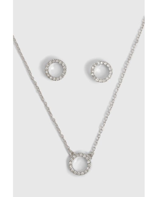 Boohoo White Diamante Circle Necklace And Stud Earring Set