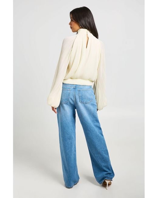 Boohoo Blue Plisse Batwing Blouse