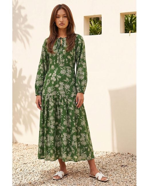 Roman Green Floral Keyhole Tie Midi Dress