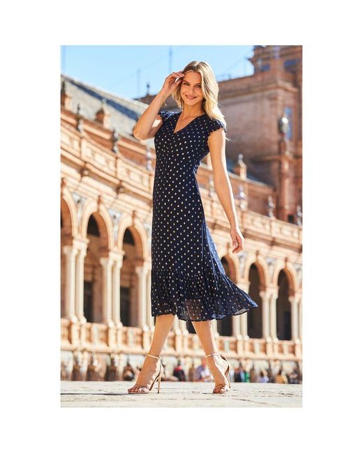 Sosandar White Metallic Spot Print Ruffle Detail Midi Dress
