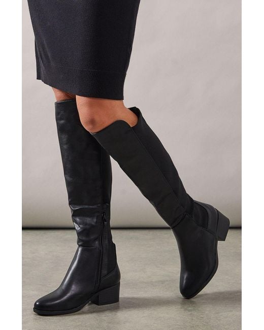 Wallis Black Wide Fit Hannah Elastic Back Low Heel Almond Toe Knee Boots