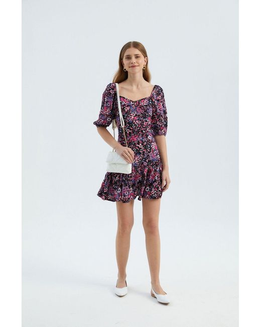 Hiccup Purple Floral V Neck Ruffled Balloon Sleeves Mini Dress