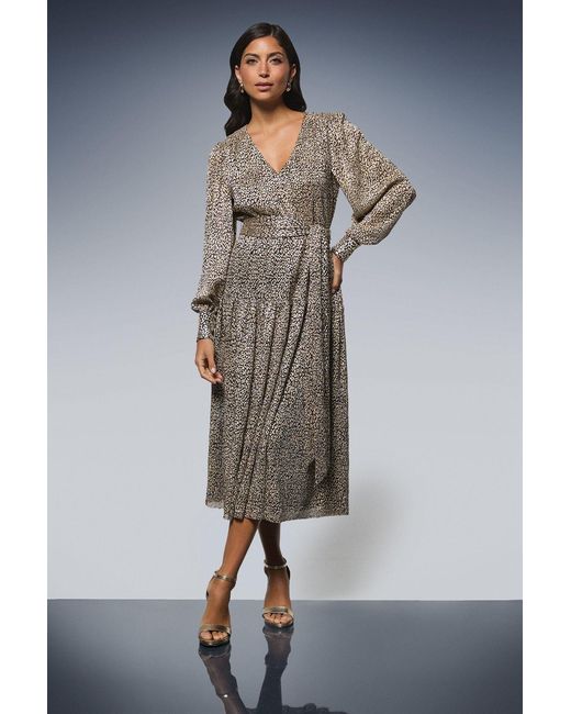 Wallis Gray Animal Metallic Tie Waist Midi Dress