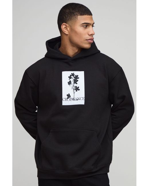 BoohooMAN Black Oversized Floral Printed Hoodie Cotton for men