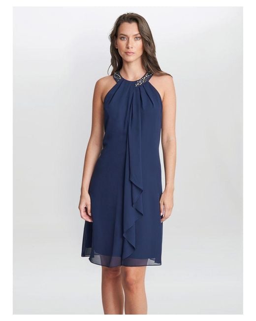 Gina Bacconi Blue Jane Beaded Halterneck Chiffon Dress