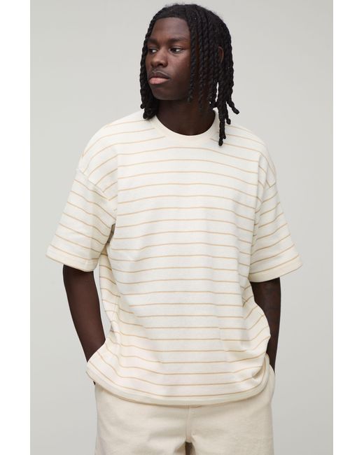 BoohooMAN Natural Oversized Striped Short Sleeve Waffle T-Shirt for men