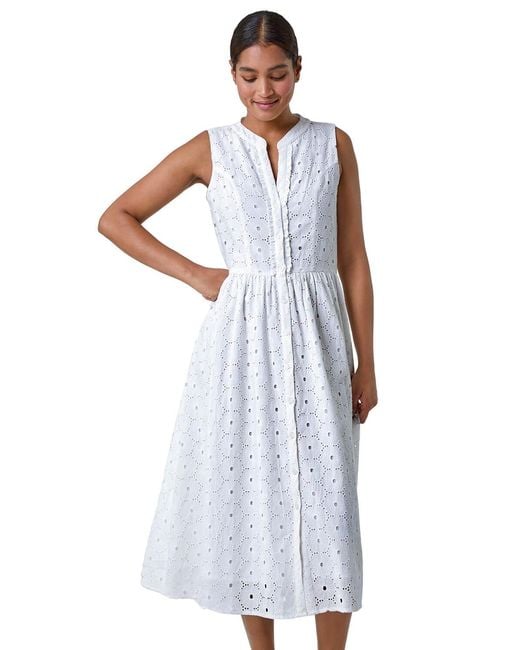 Roman White Floral Cotton Broderie Midi Dress