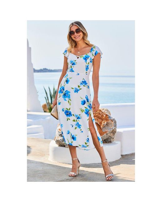 Sosandar Blue Floral Print Flutter Sleeve Bardot Midi Dress