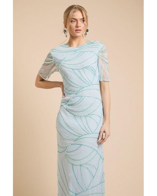 Oasis Blue Linear Embellished Angel Sleeve Maxi Dress
