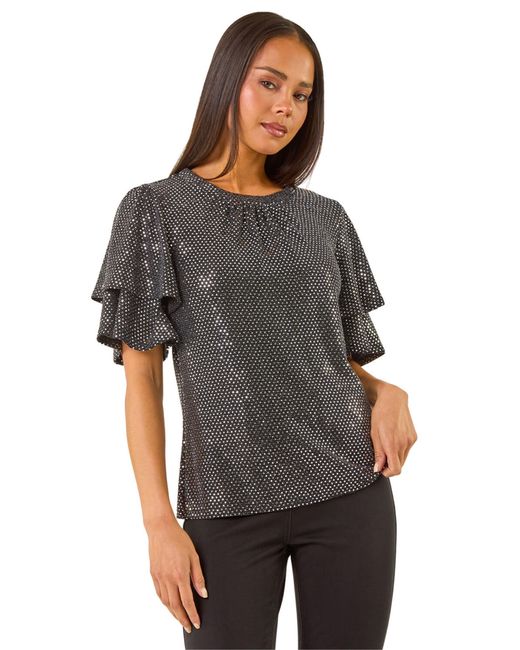 Roman Gray Petite Sequin Flute Sleeve Top
