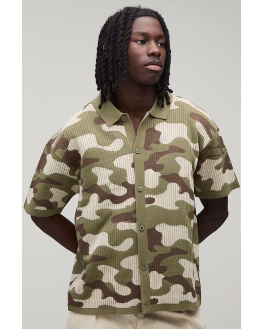 BoohooMAN Metallic Oversized Ribbed Camo Knitted Shirt for men