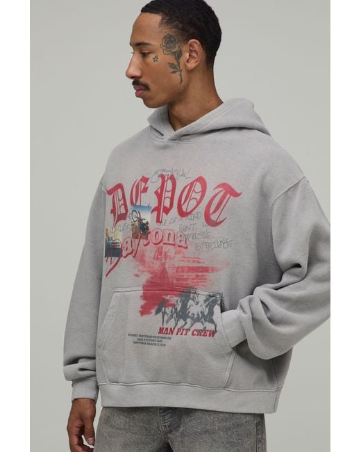 BoohooMAN Gray Oversized Boxy Depot Western Graphic Washed Hoodie for men