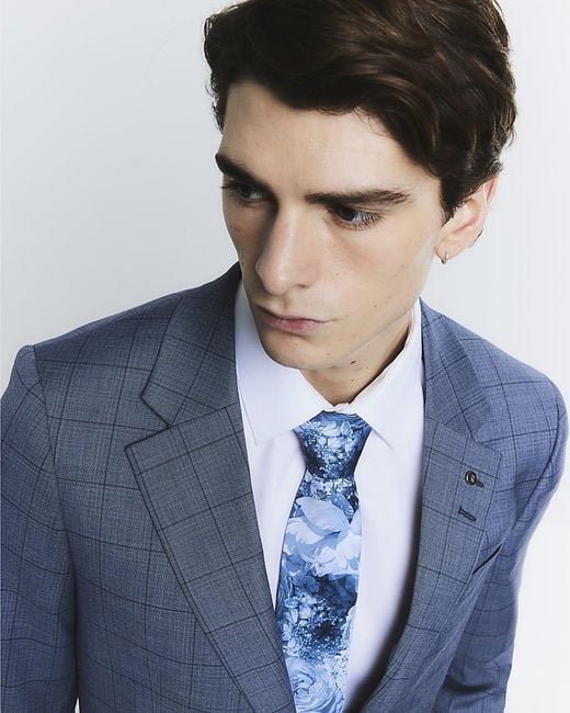 River Island Blue Suit Jacket Check Skinny Collared for men
