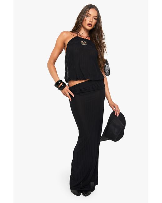Boohoo Black Textured Shirred Foldover Waist Maxi Skirt