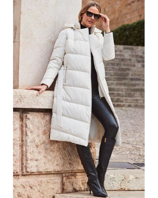 Sosandar Natural Ivory Longline Padded Coat With Removable Hood