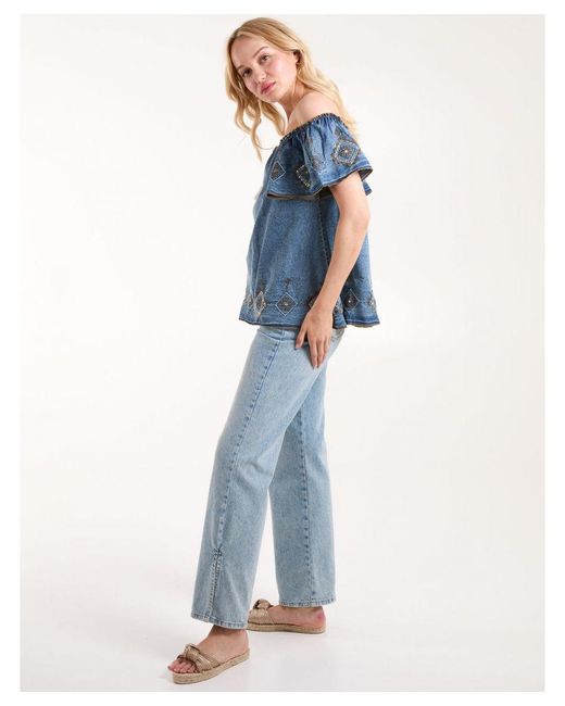 Blue Vanilla Blue Denim Embroidered Bardot Top