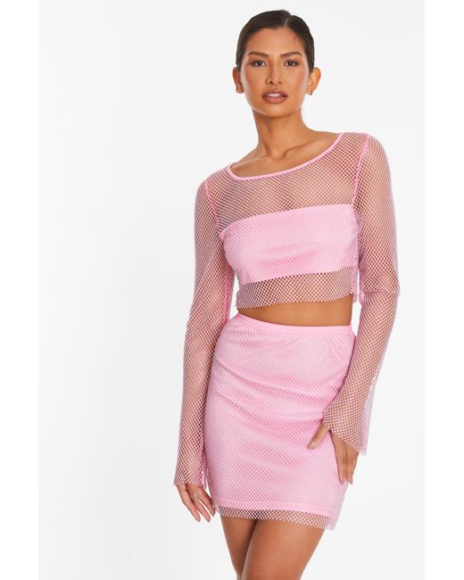 Quiz Pink Diamante Mesh Mini Skirt