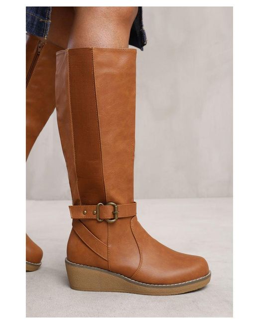 Brown wedge knee high boots outlet