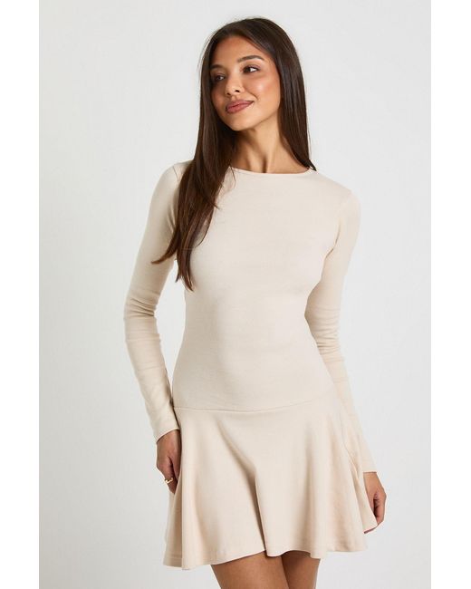 Boohoo Natural Rib Dropped Hem Skater Dress
