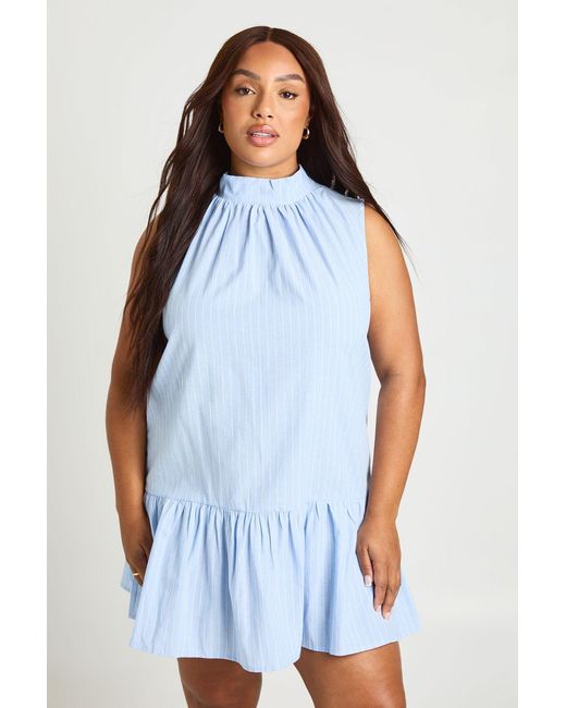 Boohoo Blue Plus High Neck Frill Hem Stripe Mini Dress
