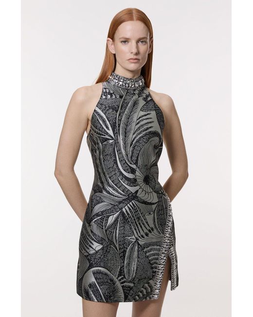 Karen Millen Tall Crystal Embellished Jacquard Woven Thigh Split Mini Dress  in Grey | Lyst UK