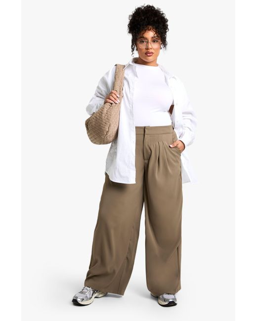 Boohoo White Plus Pleat Front Elasticated Back Trouser