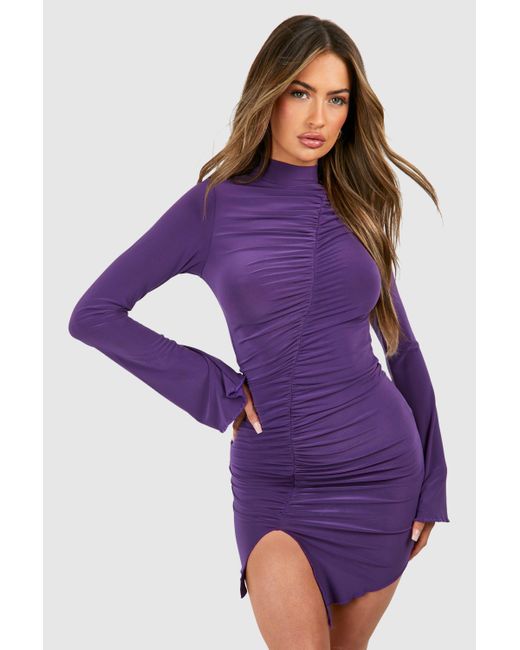 Boohoo Slinky Ruched Long Sleeve Bodycon Dress in Purple | Lyst UK