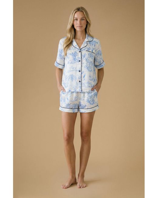 Oasis Blue Satin Toile Printed Short Nightwear Set