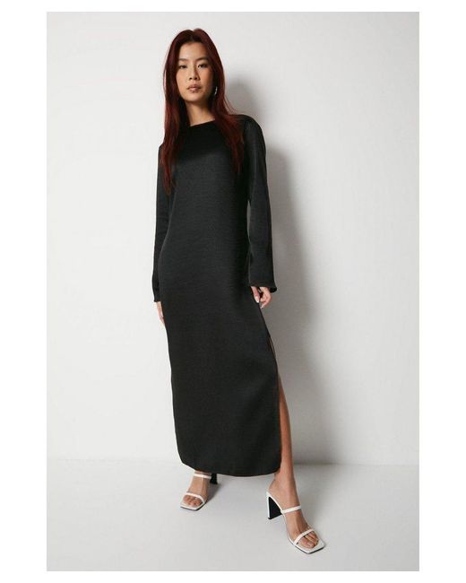 Warehouse Black Textured Satin Flare Sleeve Column Midi Dress