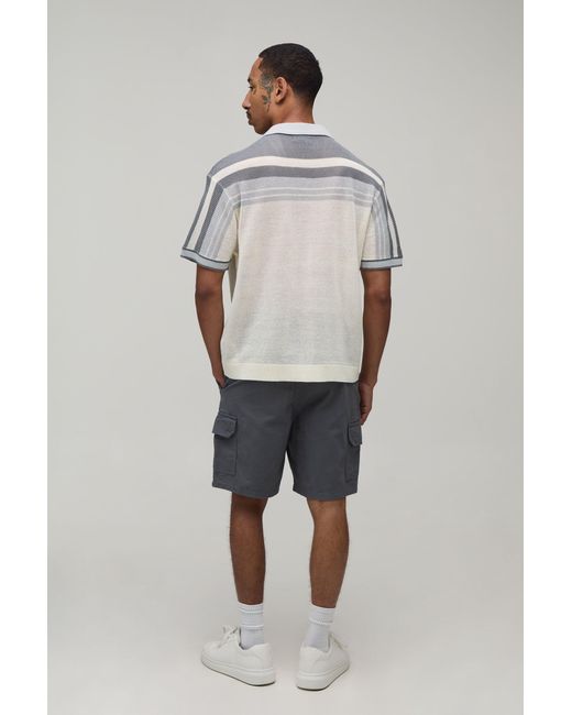 BoohooMAN Gray Relaxed Boxy Open Stitch Striped Knitted Shirt for men