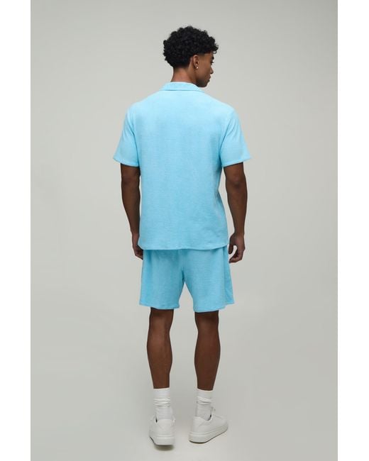 BoohooMAN Blue Towelling Regular Fit Revere Shirt & Relaxed Shorts Set for men