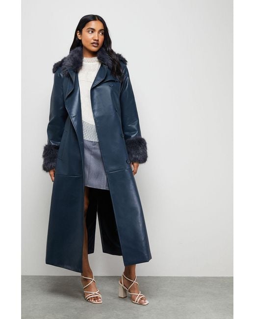 Warehouse Blue Pu Belted Faux Fur Collar Trench Coat