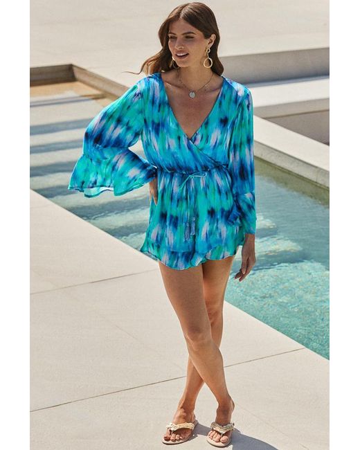Sosandar Blue Watercolour Print Fluted Sleeve Ruffle Hem Playsuit