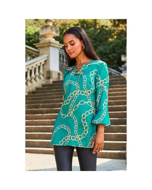 Sosandar Green Chain Print Lace Front Longline Tunic Top