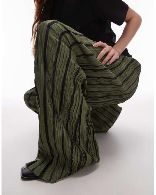 TOPSHOP Green Stripe Plisse Wide Leg Trousers
