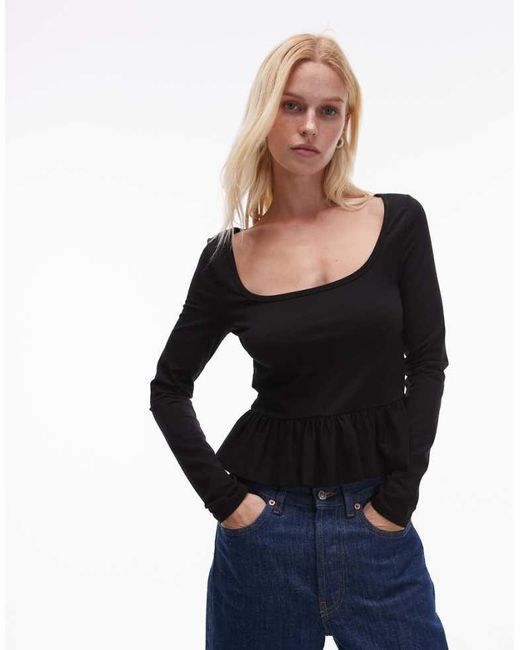TOPSHOP Black Long Sleeve Peplum Top
