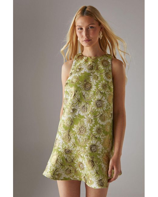 Warehouse Green Jacquard Peplum Hem Open Back Mini Dress