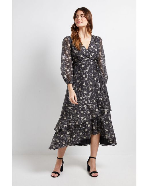 Wallis Black Polka Dot Ruffle Wrap Midi Dress