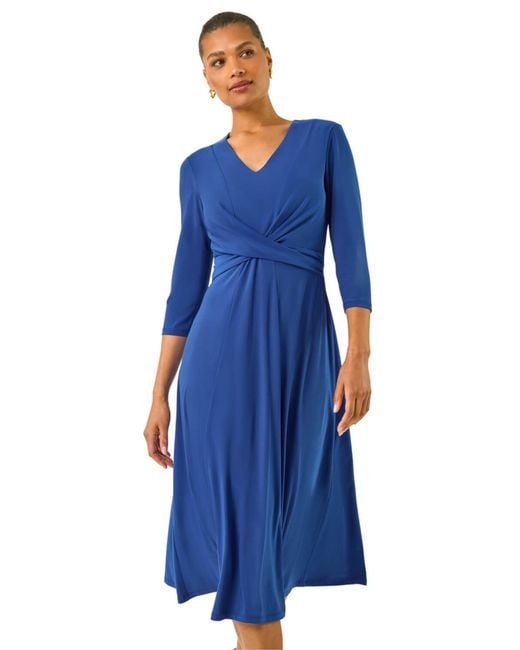 Roman Blue Stretch Crossover Midi Dress