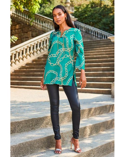 Sosandar Green Chain Print Lace Front Longline Tunic Top