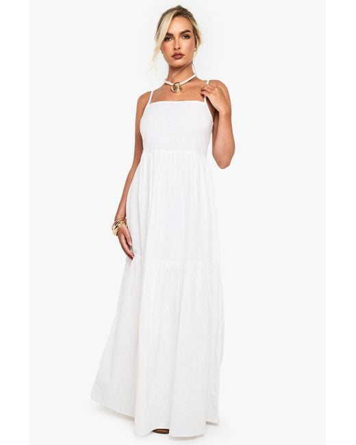 Boohoo White Tiered Linen Strappy Maxi Dress