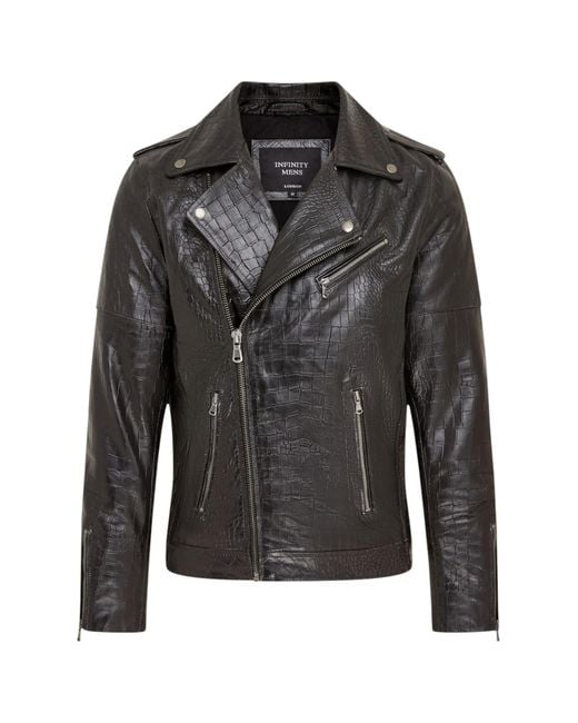 Infinity Leather Black Cow Alligator Print Embossed Biker Jacket for men