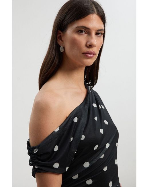 Karen Millen Black Polka Dot Mesh One Shoulder Ruched Midi Dress