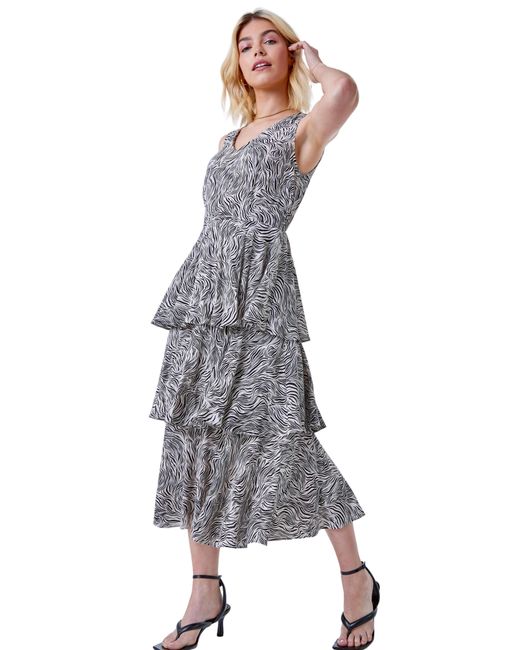 D.u.s.k Gray Abstract Animal Print Tiered Midi Dress